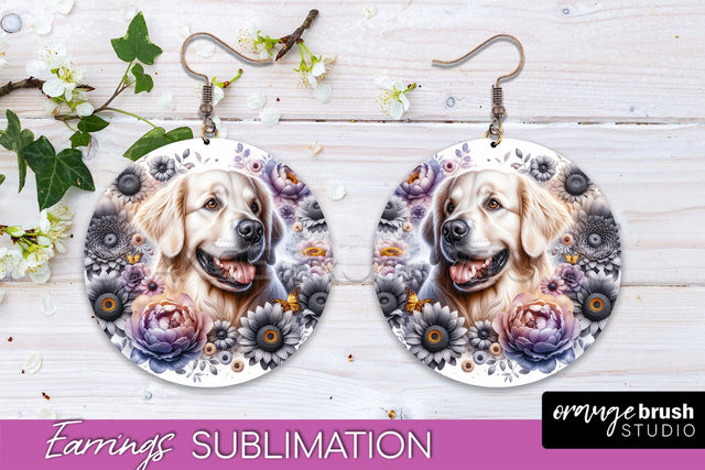 Golden Retriever Earrings - Dog Mom Floral Round Earring Sublimation Sublimation OrangeBrushStudio 