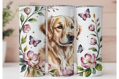 Golden Retriever & Flowers Tumbler Wrap Sublimation PixelChick 