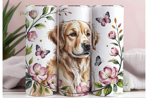 Golden Retriever & Flowers Tumbler Wrap Sublimation PixelChick 