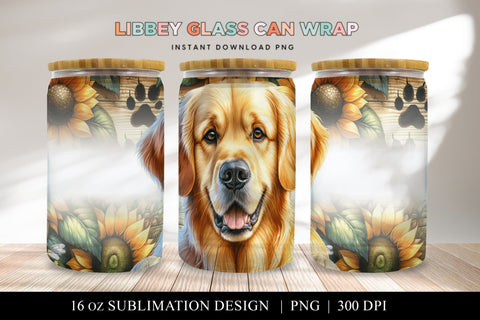 Golden Retriever Libbey Glass Can Wrap, Dog Sunflower PNG Sublimation BijouBay 