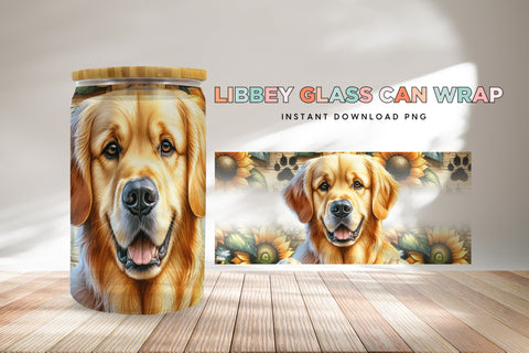 Golden Retriever Libbey Glass Can Wrap, Dog Sunflower PNG Sublimation BijouBay 
