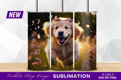 Golden retriever puppy running wearing flower crown Sublimation Regulrcrative 