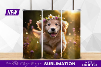Golden retriever puppy with flower crown running Sublimation Regulrcrative 