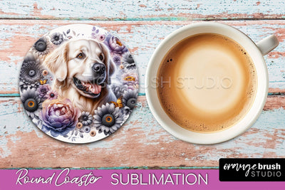 Golden Retriever Round Coaster - Dog Mom Floral Coaster Sublimation Sublimation OrangeBrushStudio 