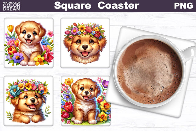 Golden Retriever Square Coaster | Dog Flowers Square Coaster Sublimation WatercolorColorDream 