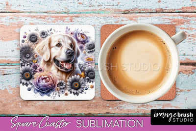 Golden Retriever Square Coaster - Dog Mom Floral Coaster Sublimation Sublimation OrangeBrushStudio 