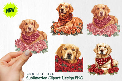 Golden Retriever with Heart Scarf on Rose Bed Clipart SVG Regulrcrative 