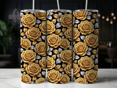 Golden Roses & Silver Leaves 20oz Tumbler, Golden rose design, Silver leaves print, 20oz skinny tumbler, Floral tumbler wrap, Sublimation tumbler wrap, Elegant floral pattern Sublimation SvggirlplusArt 