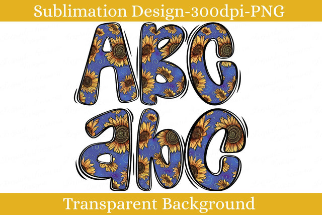 Golden Sunflower Hand Drawn Alphabet PNG, Blue Floral Alpha Set, Sublimation Png Design Sublimation Keepsake Treasures Designs LLC. 
