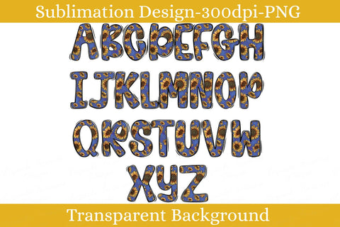 Golden Sunflower Hand Drawn Alphabet PNG, Blue Floral Alpha Set, Sublimation Png Design Sublimation Keepsake Treasures Designs LLC. 