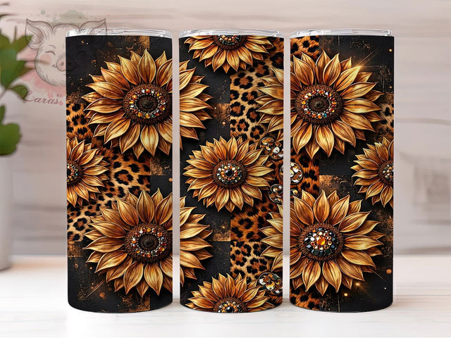 Golden Sunflower Leopard 20oz Tumbler, Leopard Print, Sunflower Motif, Golden Glam, Floral Theme, Bold Aesthetic, 20oz Wrap, Sublimation Tumbler Sublimation Lara' s Designs 