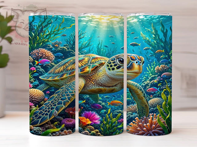 Golden Teal Sea Turtle Reef 20oz Tumbler, Golden Accent, Teal Highlight, Sea Turtle Motif, Reef Scene, Ocean Theme, Sublimation Wrap, 20oz Tumbler Sublimation Lara' s Designs 