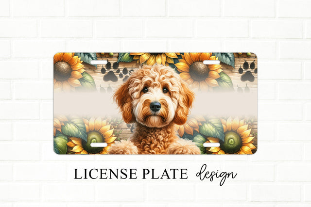 Goldendoodle Dog With Sunflowers License Plate PNG Sublimation BijouBay 