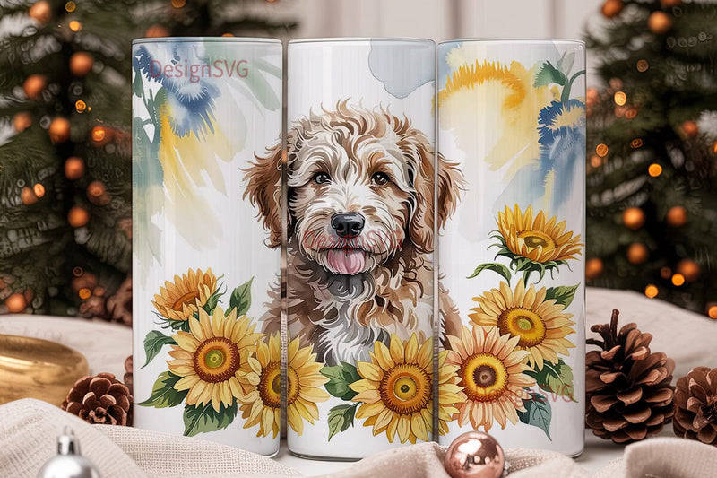 Goldendoodle & Sunflowers Tumbler Wrap Sublimation DesignSVG 