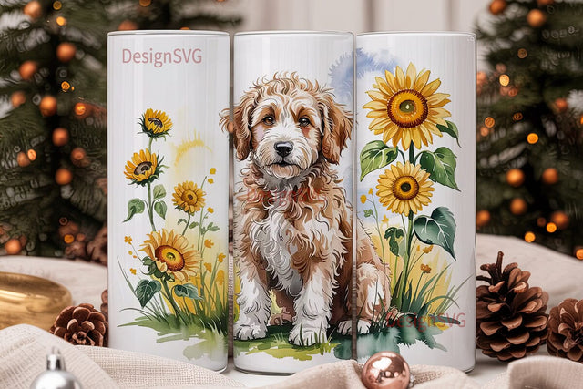Goldendoodle & Sunflowers Tumbler Wrap Sublimation DesignSVG 