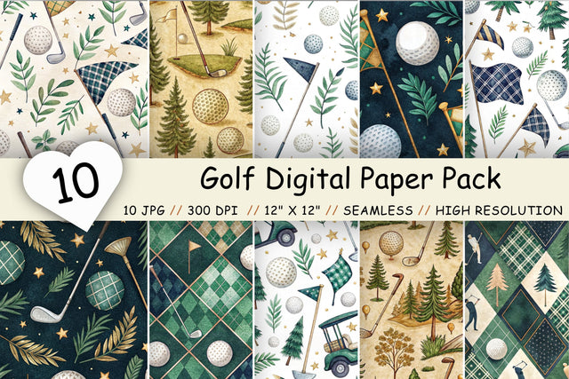 Golf Digital Paper Pack, Seamless Watercolor Pattern Bundle, Printable Scrapbook Paper, Preppy Sport Design Collection Digital Pattern FloridPrintables 