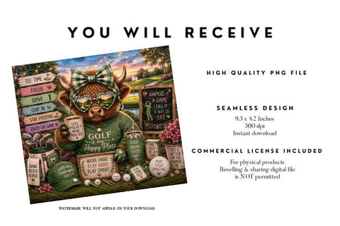 Golf Highland Cow Tumbler Wrap PNG, Happy Place Tee Time Sublimation Design Sublimation BijouBay 