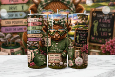 Golf Highland Cow Tumbler Wrap PNG, Happy Place Tee Time Sublimation Design Sublimation BijouBay 