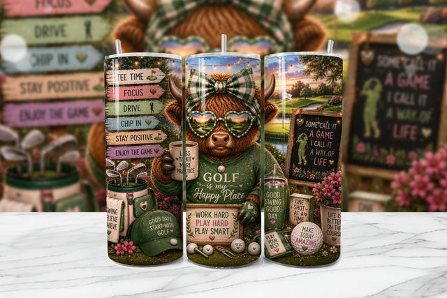 Golf Highland Cow Tumbler Wrap PNG, Happy Place Tee Time Sublimation Design Sublimation BijouBay 