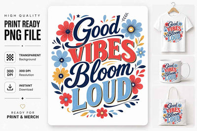 Good Vibes Bloom Loud PNG Floral Sublimation Quote Digital Download SVG BillahCrafts 