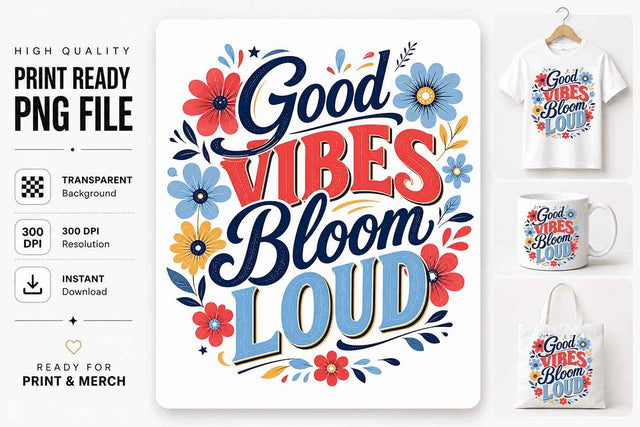 Good Vibes Bloom Loud PNG Floral Sublimation Quote Digital Download SVG BillahCrafts 
