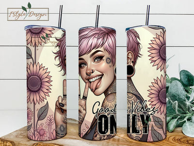 Good Vibes Only 20oz Skinny Floral Tumbler Wrap, Happiness Tumbler sublimation Template, Sunflowers Tattoo Girl PNG Tumbler wrap Sublimation iStyleDesign 