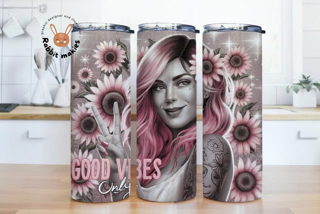 Good Vibes Only 20oz Skinny Tumbler Wrap, Floral Happiness Tumbler sublimation Template, Sunflowers Tattoo Girl PNG Peace Sign Tumbler Sublimation Rabbitmakies 