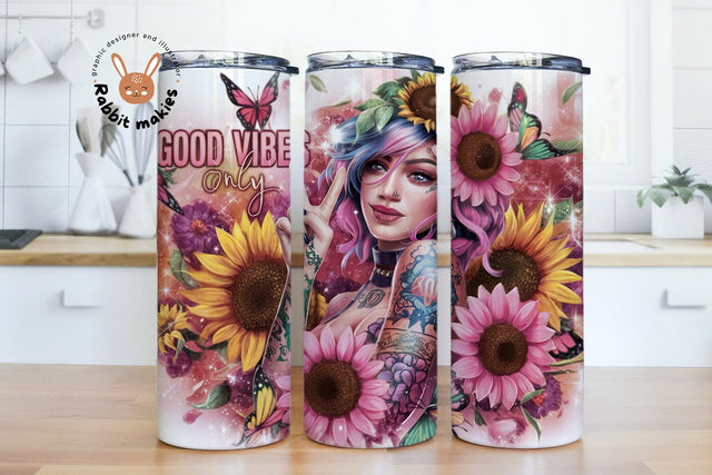 Good Vibes Only 20oz Skinny Tumbler Wrap, Floral Happiness Tumbler sublimation Template, Sunflowers Tattoo Girl PNG Peace Sign Tumbler Sublimation Rabbitmakies 