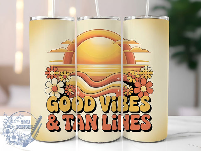 Good Vibes Tan Lines 20oz Tumbler, Tan Lines Phrase, Tropical Coastal Illustration, Sublimation Tumbler Wrap, 20oz Tumbler, Fun Summer Gift, Bright Beach Style Sublimation ToriDesigns 