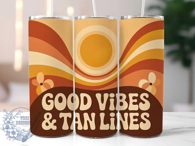 Good Vibes Tan Lines 20oz Tumbler, Tan Lines Phrase, Tropical Coastal Illustration, Sublimation Tumbler Wrap, 20oz Tumbler, Fun Summer Gift, Bright Beach Style Sublimation ToriDesigns 