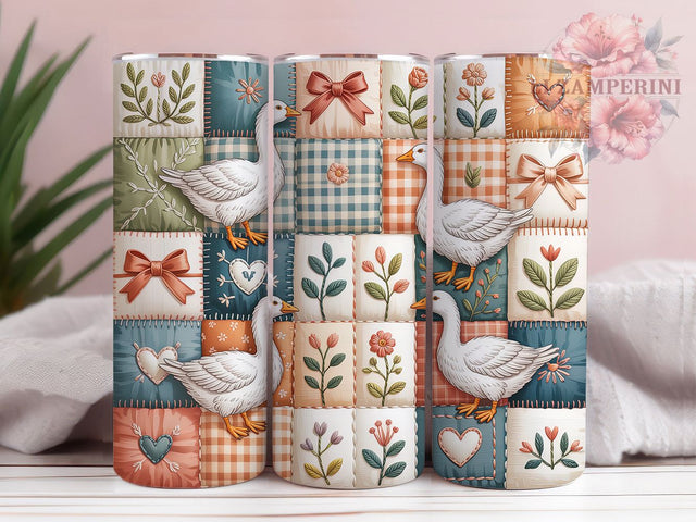 Goose Patchwork Farmhouse Charm 20oz Tumbler, Patchwork Quilt, Farmhouse Style, Cottagecore Theme, Rustic Charm, Skinny Tumbler, Sublimation PNG Sublimation Li Zamperini 