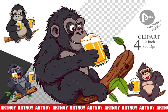 Gorilla Beer Day Clipart Sublimation artnoy 