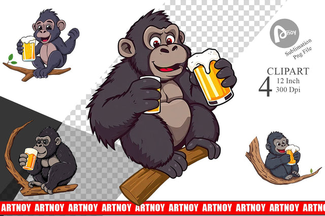 Gorilla Beer Day Clipart Sublimation artnoy 