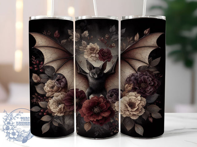 Gothic Bat Dark Floral Tumbler Wrap, Dark Floral Tumbler, 20oz Tumbler Sublimation, Spooky Aesthetic Tumbler, Halloween Bat Wrap, Vintage Goth Tumbler, Witchy Floral Design Sublimation ToriDesigns 