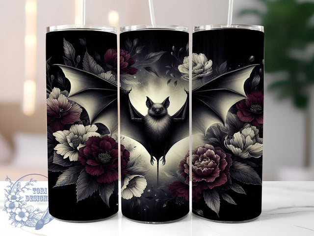 Gothic Bat Dark Floral Tumbler Wrap, Dark Floral Tumbler, 20oz Tumbler Sublimation, Spooky Aesthetic Tumbler, Halloween Bat Wrap, Vintage Goth Tumbler, Witchy Floral Design Sublimation ToriDesigns 