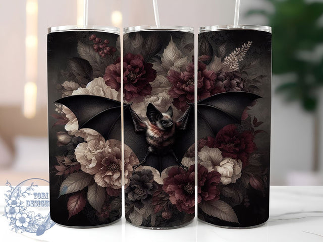 Gothic Bat Dark Floral Tumbler Wrap, Dark Floral Tumbler, 20oz Tumbler Sublimation, Spooky Aesthetic Tumbler, Halloween Bat Wrap, Vintage Goth Tumbler, Witchy Floral Design Sublimation ToriDesigns 