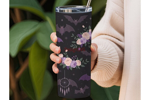 Gothic Bat & Floral 20oz Tumbler Wrap Sublimation DesignSVG 