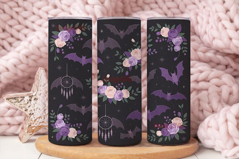 Gothic Bat & Floral 20oz Tumbler Wrap Sublimation DesignSVG 