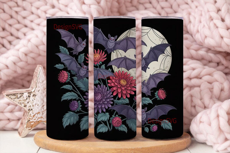 Gothic Bat & Floral 20oz Tumbler Wrap Sublimation DesignSVG 