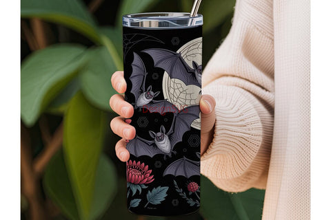 Gothic Bat & Floral 20oz Tumbler Wrap Sublimation DesignSVG 