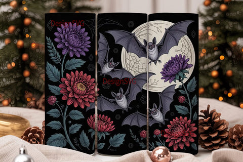 Gothic Bat & Floral 20oz Tumbler Wrap Sublimation DesignSVG 