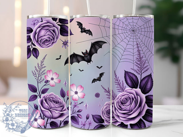Gothic Bat Spider Web Halloween Tumbler, Halloween Spider Web Wrap, Spooky Floral Design, 20Oz Sublimation Cup, Dark Gothic Drinkware, Bat And Web Tumbler, Creepy Cute Mug Sublimation ToriDesigns 