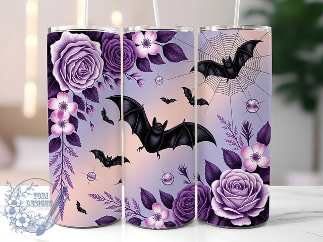 Gothic Bat Spider Web Halloween Tumbler, Halloween Spider Web Wrap, Spooky Floral Design, 20Oz Sublimation Cup, Dark Gothic Drinkware, Bat And Web Tumbler, Creepy Cute Mug Sublimation ToriDesigns 