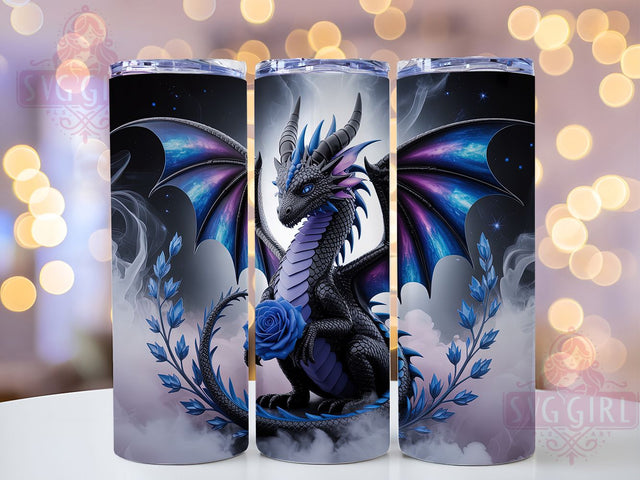 Gothic Black Blue Rose Dragon Tumbler, Blue Rose Wrap, 20Oz Skinny Tumbler, Gothic Fantasy Sublimation, Elegant Dragon Design, Mythical Creature Tumbler, Dark Floral Dragon Wrap Sublimation SvggirlplusArt 