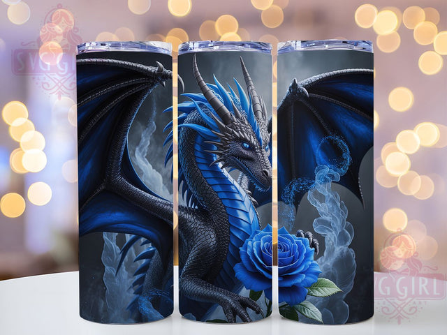 Gothic Black Blue Rose Dragon Tumbler, Blue Rose Wrap, 20Oz Skinny Tumbler, Gothic Fantasy Sublimation, Elegant Dragon Design, Mythical Creature Tumbler, Dark Floral Dragon Wrap Sublimation SvggirlplusArt 