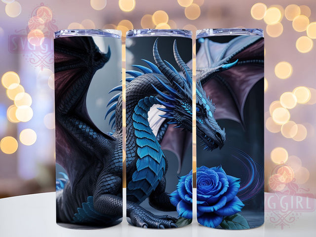Gothic Black Blue Rose Dragon Tumbler, Blue Rose Wrap, 20Oz Skinny Tumbler, Gothic Fantasy Sublimation, Elegant Dragon Design, Mythical Creature Tumbler, Dark Floral Dragon Wrap Sublimation SvggirlplusArt 