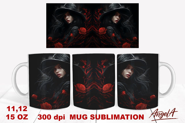 Gothic black mug sublimation wrap / witchy girl, red roses Sublimation Angelina Semenova 