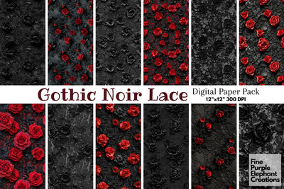 Gothic Black Rose Lace Digital Paper - Romantic Dark Wedding Sublimation Digital Pattern Fine Purple Elephant Creations 