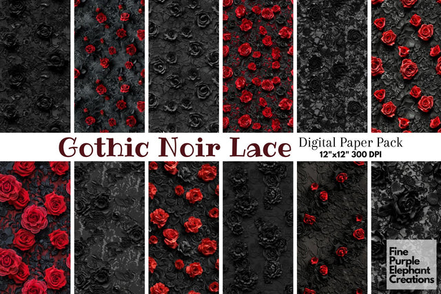 Gothic Black Rose Lace Digital Paper - Romantic Dark Wedding Sublimation Digital Pattern Fine Purple Elephant Creations 