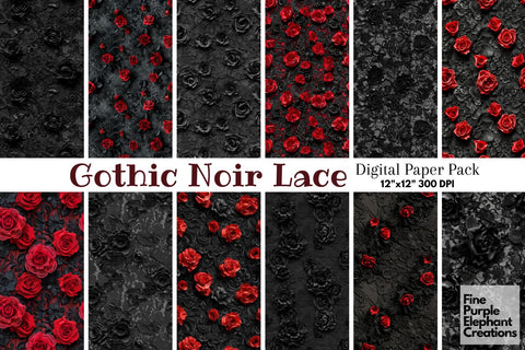 Gothic Black Rose Lace Digital Paper - Romantic Dark Wedding Sublimation Digital Pattern Fine Purple Elephant Creations 